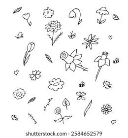A hand-drawn set of flowers and blades of grass in the children's doodle style
