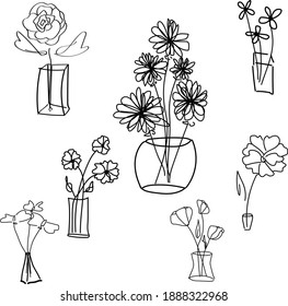 Hand-drawn set of flowers in vases. Vector illustration in sketch style. Small bouquets in vases on a white background. Design for postcards, posters, textiles, backgrounds, menus, dishes and more.
