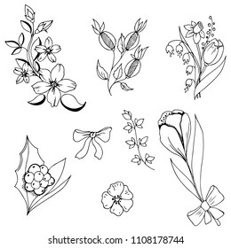 Hand-drawn set of flowers. Vector cartoon sketches. Isolated objects on a white background. 
