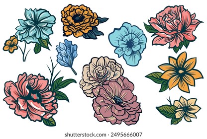 Hand-drawn set of flowers vector template.