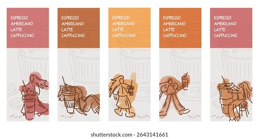 Hand-drawn set of flyers, people drinking coffee, sketch in colored strokes and ink, coffee, sketch-style coffee shop design.