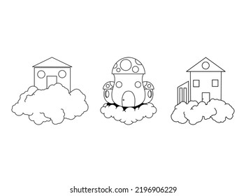 Conjunto hecho a mano de casa voladora sobre ilustraciones en la nube