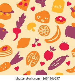 A hand-drawn set of food and dishes. Doodle collection of meal. Seamless pattern.