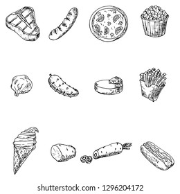 Hand-drawn set of food icons. Vector cartoon illustrations. Isolated objects on a white background.