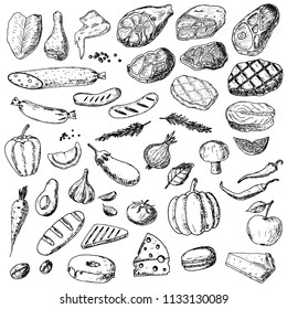 Hand-drawn set of food. Isolated sketches on a white background. Vector cartoon foods. Elements of menu.