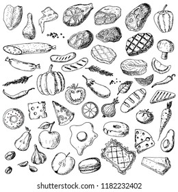 Hand-drawn set of food. Isolated sketches on a white background. Vector cartoon foods. Elements of menu.