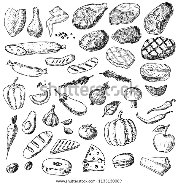 Handdrawn Set Food Isolated Sketches On Stock Vector (Royalty Free