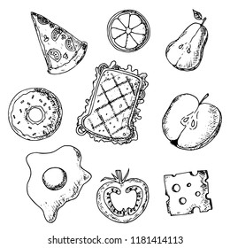 Hand-drawn set of food. Top view. Vector cartoon sketches. Isolated objects on a white background.