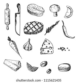 Hand-drawn set of foods. Vector cartoon sketches. Elements of menu. Isolated objects on a white background.