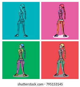 hand-drawn set of four stylish models in different color variations in fashionable clothes for different occasions of life