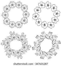 Hand-drawn set of four tiny flower wreaths art, background, beautiful, botanical, bouquet, cute for card making or invitation card