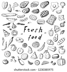 Hand-drawn set of fresh food. Vector cartoon sketches. Isolated objects on a white background. 