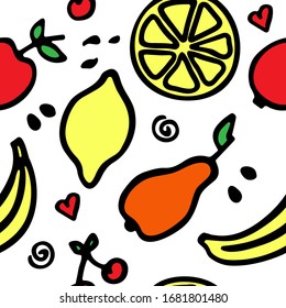 A hand-drawn set of fruits. Doodle collection of food. Seamless pattern. Vector