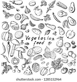 Hand-drawn set of fruits, vegetables, mushrooms, nuts and berries. Vector cartoon sketches. Isolated objects on a white background. Vegetarian collection. Fresh food. Elements of menu.