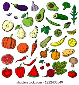 Hand-drawn set of fruits and vegetables. Vector cartoon sketches. Isolated objects on a white background. Vegetarian collection. Fresh food. Elements of menu.