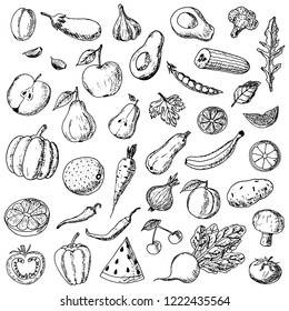 Hand-drawn set of fruits and vegetables. Vector cartoon sketches. Isolated objects on a white background. Vegetarian collection. Fresh food. Elements of menu.