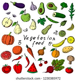 Hand-drawn set of fruits and vegetables. Vector cartoon sketches. Isolated objects on a white background. Vegetarian collection. Fresh food. Elements of menu.