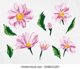 Hand-drawn set of green and pink daisies