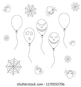 Hand-drawn set of Halloween balloons, spider web and spiders. Vector cartoon doodles. Isolated objects on a white background.