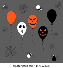Hand-drawn set of Halloween balloons, spider web and spiders. Vector cartoon doodles. Isolated objects on a white background.