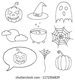Hand-drawn set of Halloween doodles. Vector cartoon sketches. Isolated objects on a white background.