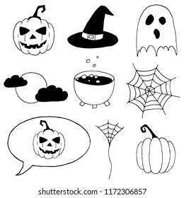 Hand-drawn set of Halloween doodles. Vector cartoon sketches. Isolated objects on a white background.