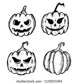 Hand-drawn set of Halloween illustrations. Jack O Lantern. Pumpkins. Vector sketches. Cartoon doodles.