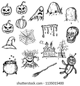Hand-drawn set of Halloween illustrations. Vector sketches. Isolated objects. Cartoon doodles.