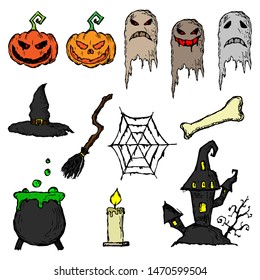 Hand-drawn set of Halloween illustrations. Vector sketches. Isolated objects. Cartoon doodles.