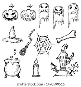 Hand-drawn set of Halloween illustrations. Vector sketches. Isolated objects. Cartoon doodles.