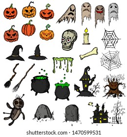Hand-drawn set of Halloween illustrations. Vector sketches. Isolated objects. Cartoon doodles.