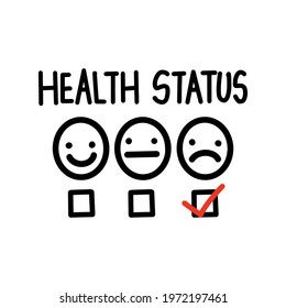 Hand-drawn set of health status round faces with checkboxes on white background.