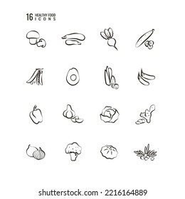 Handdrawn set of healthy food icons. Natural products. Set of vegetables and mushrooms. Vector
