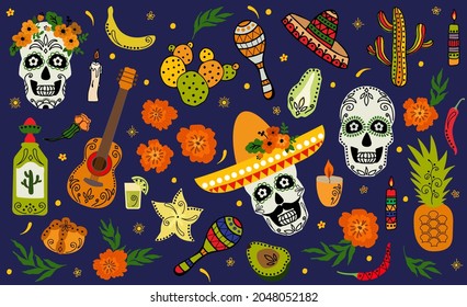 Hand-drawn set for the holiday Dia De Los Muertos. Vector illustration.