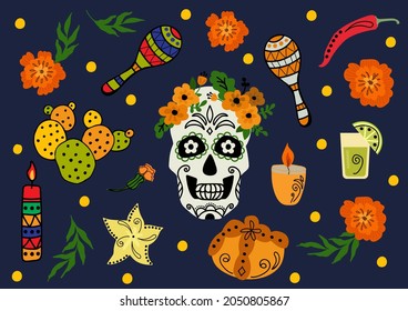 Hand-drawn set for the holiday Dia De Los Muertos. Vector illustration.	