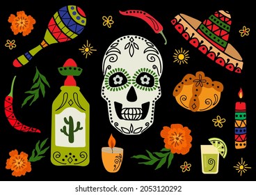 Hand-drawn set for the holiday Dia De Los Muertos. Vector illustration.	