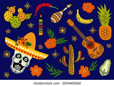 Hand-drawn set for the holiday Dia De Los Muertos. Vector illustration.	