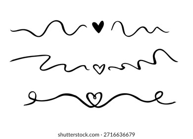 Conjunto de divisores ondulados Horizontales dibujados a mano con forma de corazón en el centro. Doodle amor divisor de texto