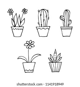 Hand-drawn set of houseplants doodles. Vector cartoon illustrations. Isolated objects on a white background.