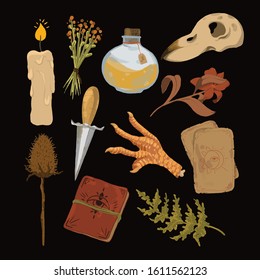 Hand-drawn set of illustrations of magical things. Spiritism, occultism and other magic tools for decorating cards, posters, backgrounds and various items.