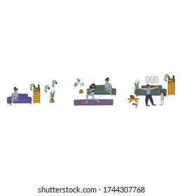 Hand-drawn set of illustrations, teach your daughter household chores. A set of people in a home environment to do things at home. Home schooling. Sit at home. Vector illustration. Vector illustration