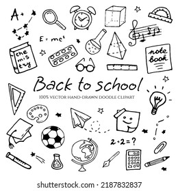 A hand-drawn set of images on a school theme. Back to school doodle