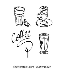 Hand-drawn set of individual images of coffee mugs