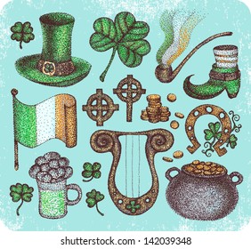 Hand-drawn set of irish traditional Saint Patrick's Day symbols.