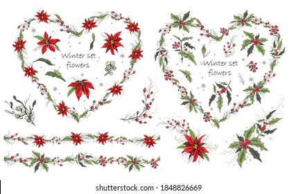 handgezeichnet, einzelne Blumen auf weißem Hintergrund. realistische Botanische Bouquets, Kräne. . moderne Blumen (Poinsettia, weißer Mistletoe, Holly), Elemente für Blumendesign der Postkarten