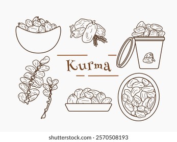 A hand-drawn set of Kurma illustrations featuring bowls, a dates branch, and a container. Ideal for Ramadan and cultural food themed projects, including iftar or healthy snack promotion
