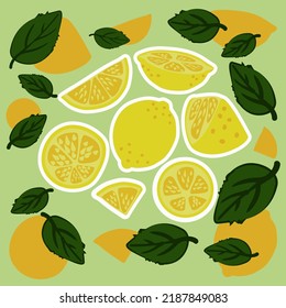 Un conjunto hecho a mano de limones con hojas. Limones cortados y hojas. 