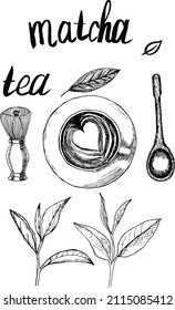 Hand-drawn set with lettering and cup of matcha tea vector illustration.