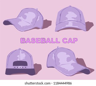 hand-drawn set of light purple baseball caps in different angles on a delicate color background