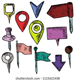 Hand-drawn set of map pins. Isolated objects on a white background. Vector cartoon doodles. Flags, pins and markers for designation of a location.